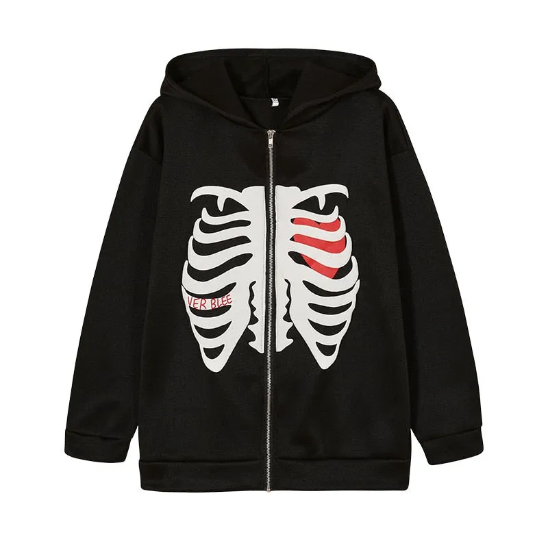 Loose Skeleton Zip Up Hoodie