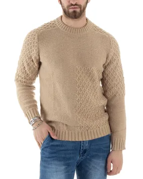 Maglione Intrecciato Uomo Girocollo Con Trecce Maglia Maglioncino Beige GIOSAL-M2797A