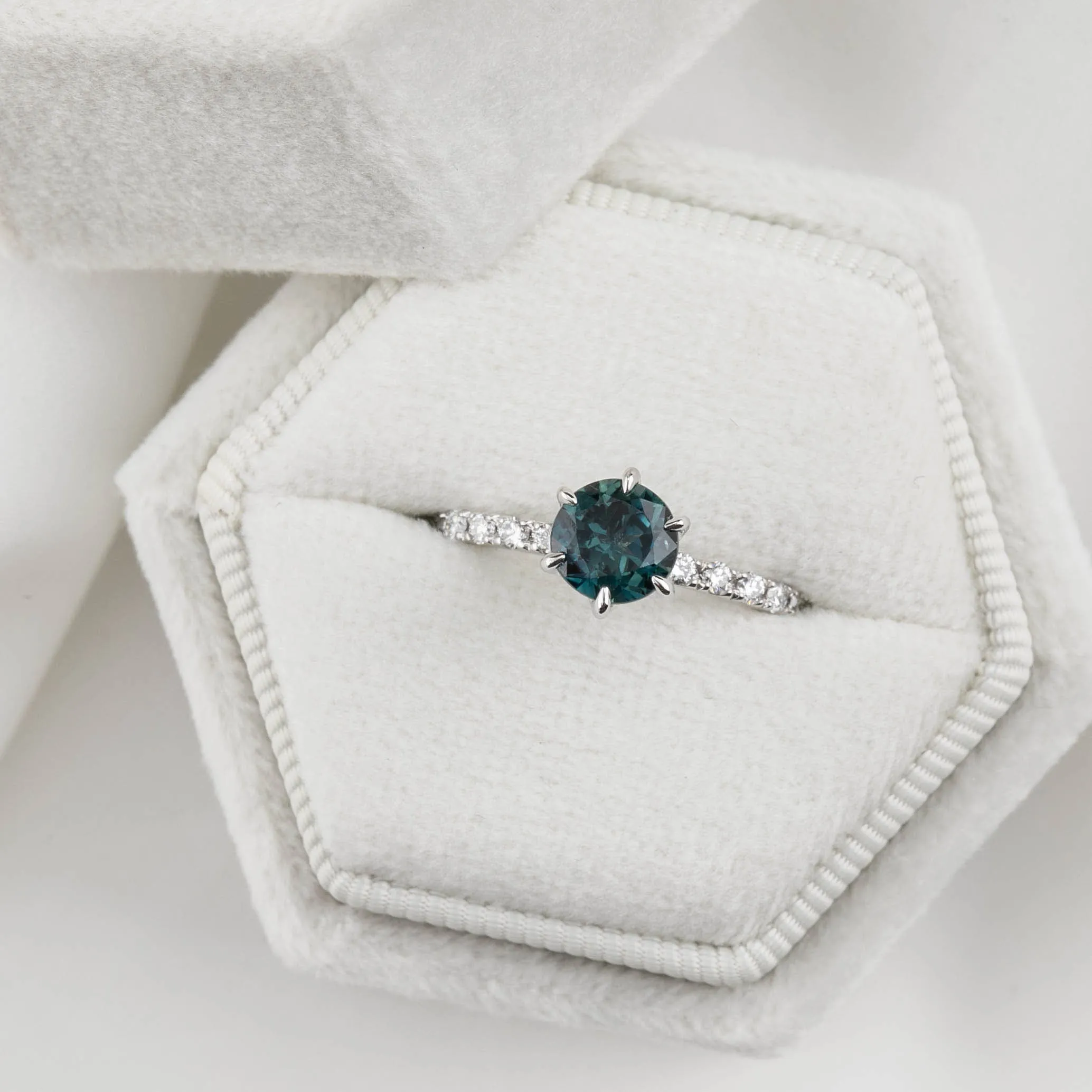 Maria Luxe Ring 1.03ct Deep Teal Blue Queensland Sapphire, 14K White Gold (One of a kind)