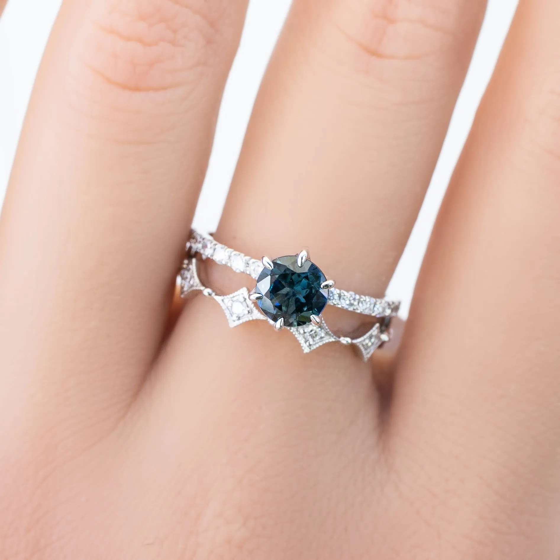 Maria Luxe Ring 1.03ct Deep Teal Blue Queensland Sapphire, 14K White Gold (One of a kind)