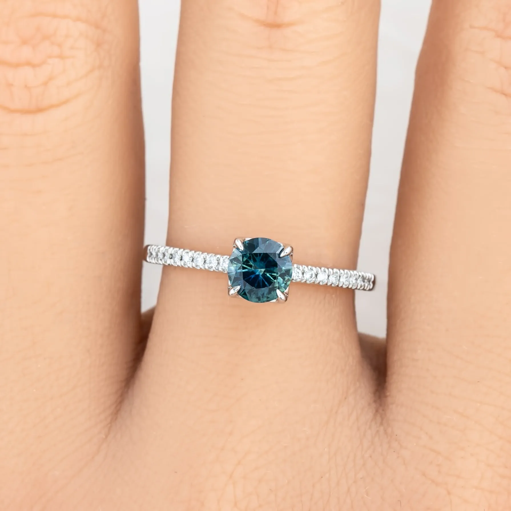 Maria Ring 0.75ct Blue Green Montana Sapphire, 14k White Gold (One of a kind)