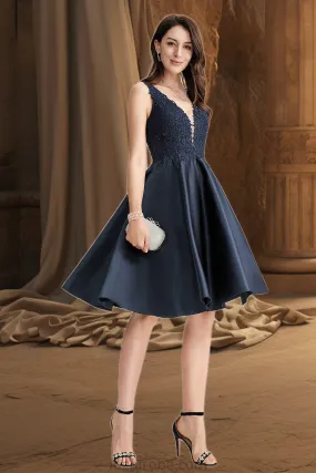 Marlie A-line V-Neck Knee-Length Lace Satin Homecoming Dress With Beading STKP0020517