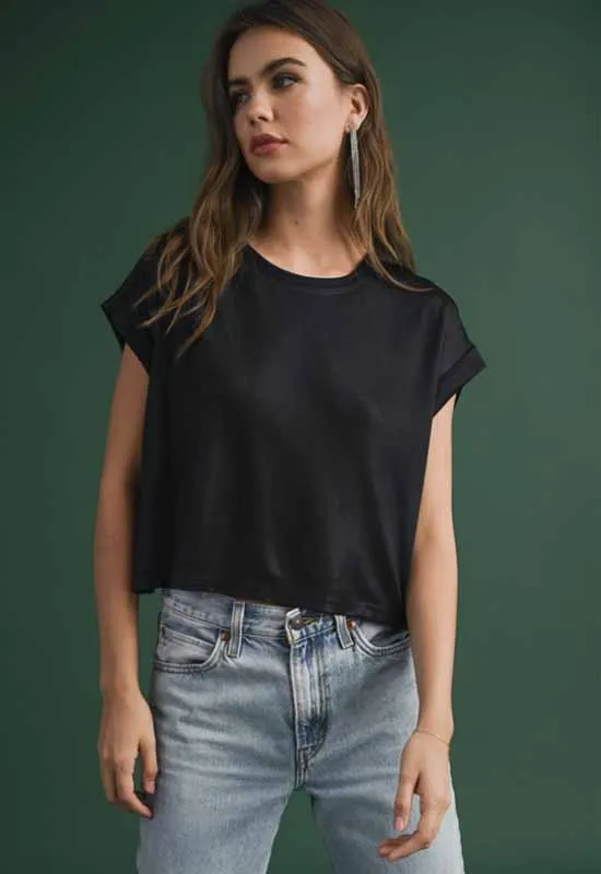 Metallic Cuffed Sleeve Top - Black