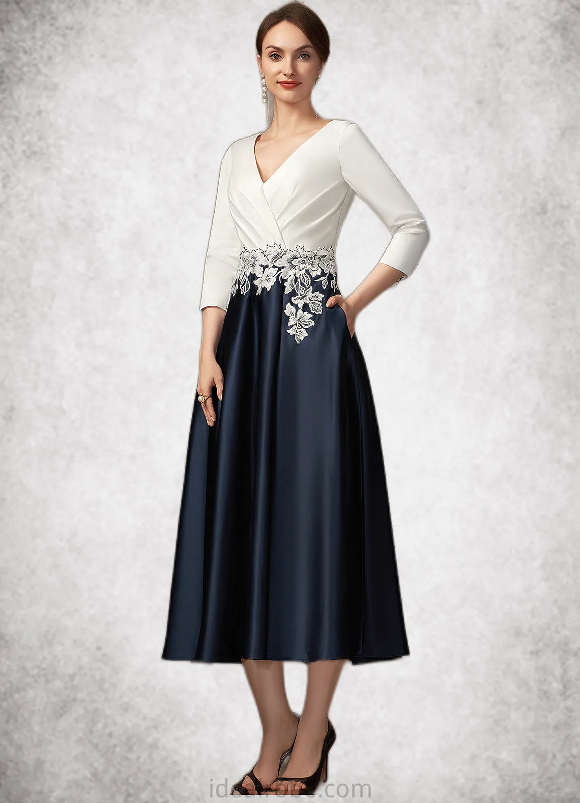 Mia A-Line V-neck Tea-Length Satin Mother of the Bride Dress With Ruffle Appliques Lace Pockets STK126P0014778