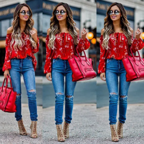 New Women Off Shoulder Tops Red Slash Neck Floral Autumn Long Sleeve Shirt Casual Blouse Loose Crop