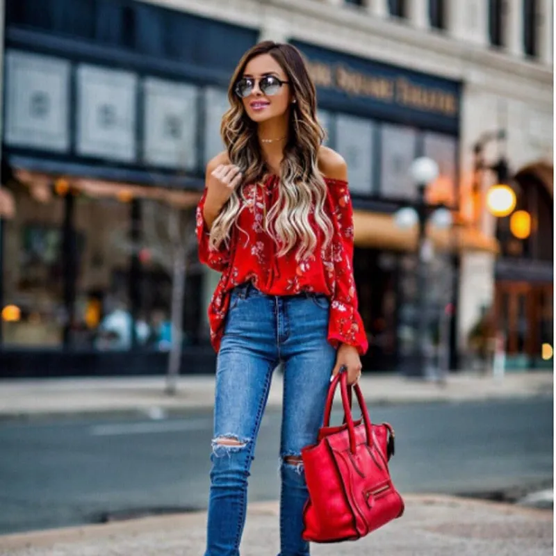 New Women Off Shoulder Tops Red Slash Neck Floral Autumn Long Sleeve Shirt Casual Blouse Loose Crop