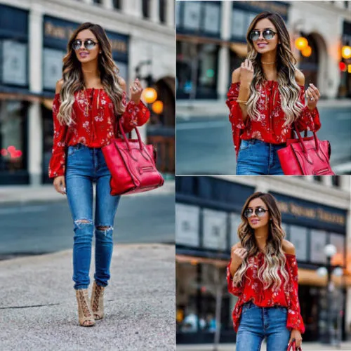 New Women Off Shoulder Tops Red Slash Neck Floral Autumn Long Sleeve Shirt Casual Blouse Loose Crop