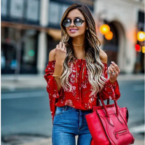 New Women Off Shoulder Tops Red Slash Neck Floral Autumn Long Sleeve Shirt Casual Blouse Loose Crop