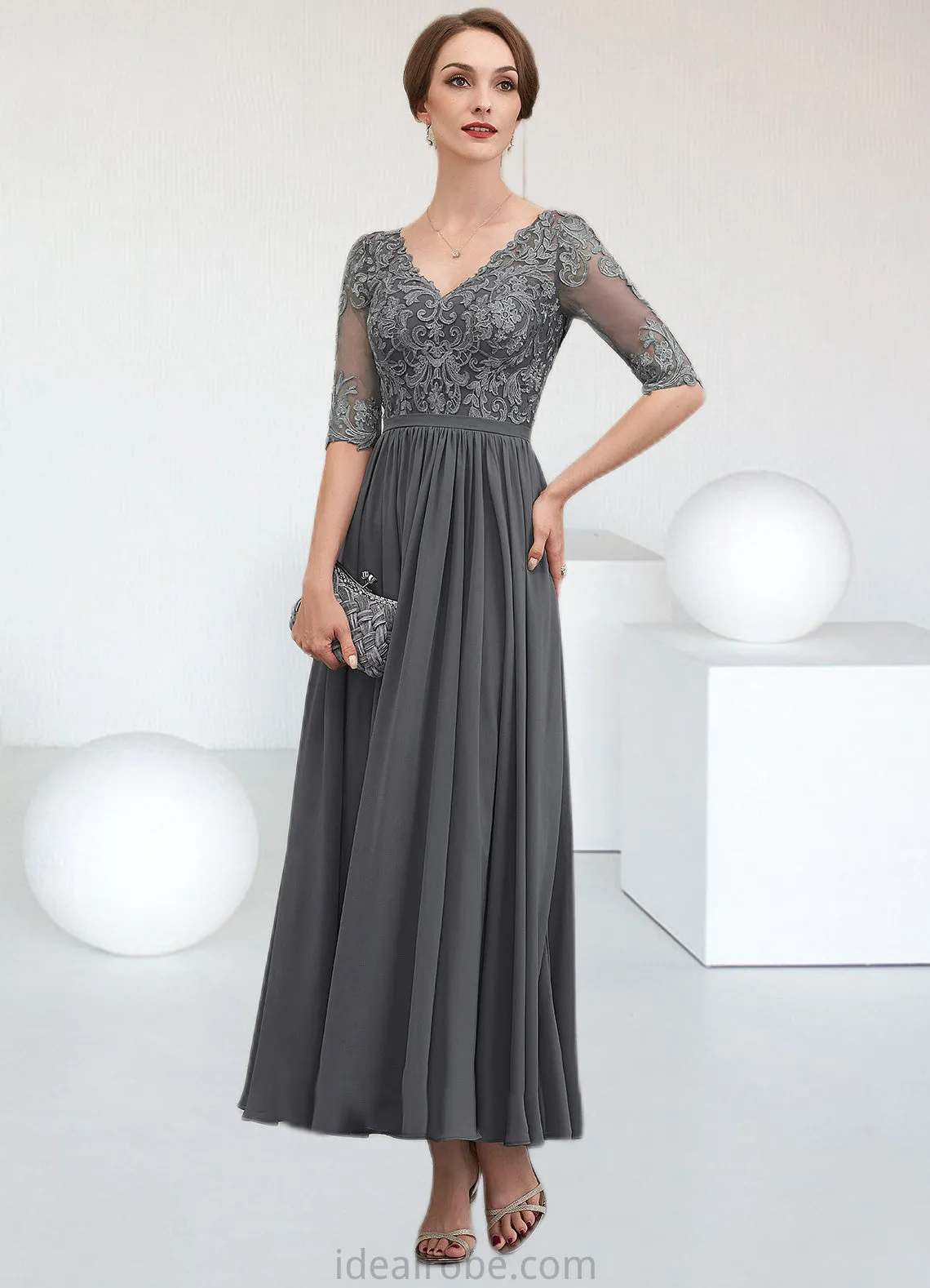 Nita A-line V-Neck Ankle-Length Chiffon Lace Mother of the Bride Dress STK126P0014760