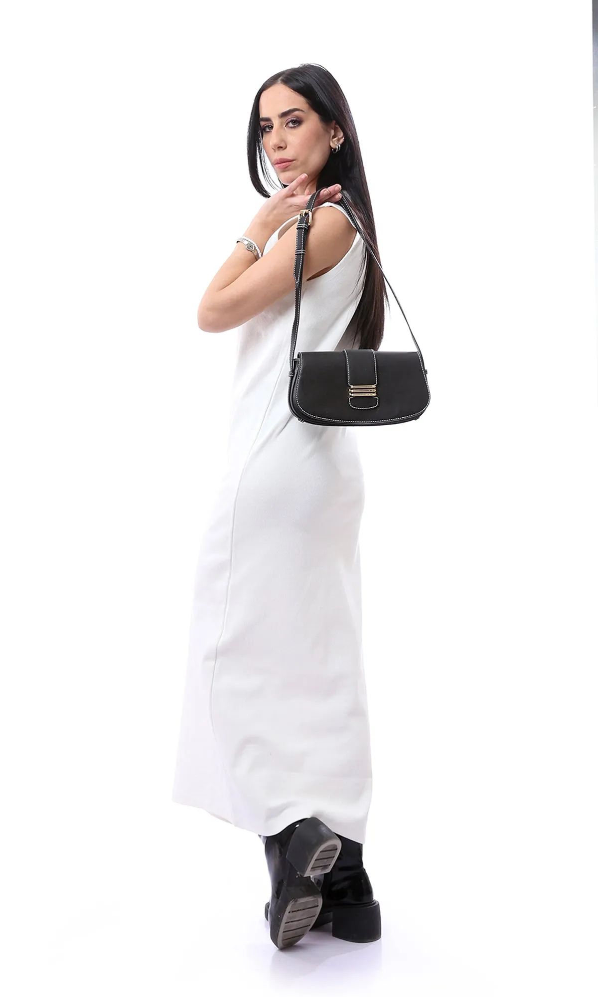 O166316 Off-White Self Ribbed Sleeveless Maxi Dress