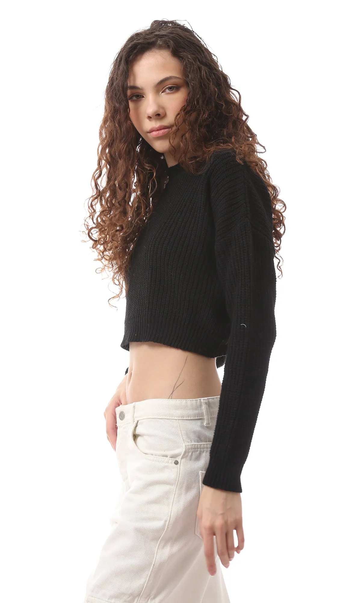 O171369 Cropped Plain Black Acrylic Pullover