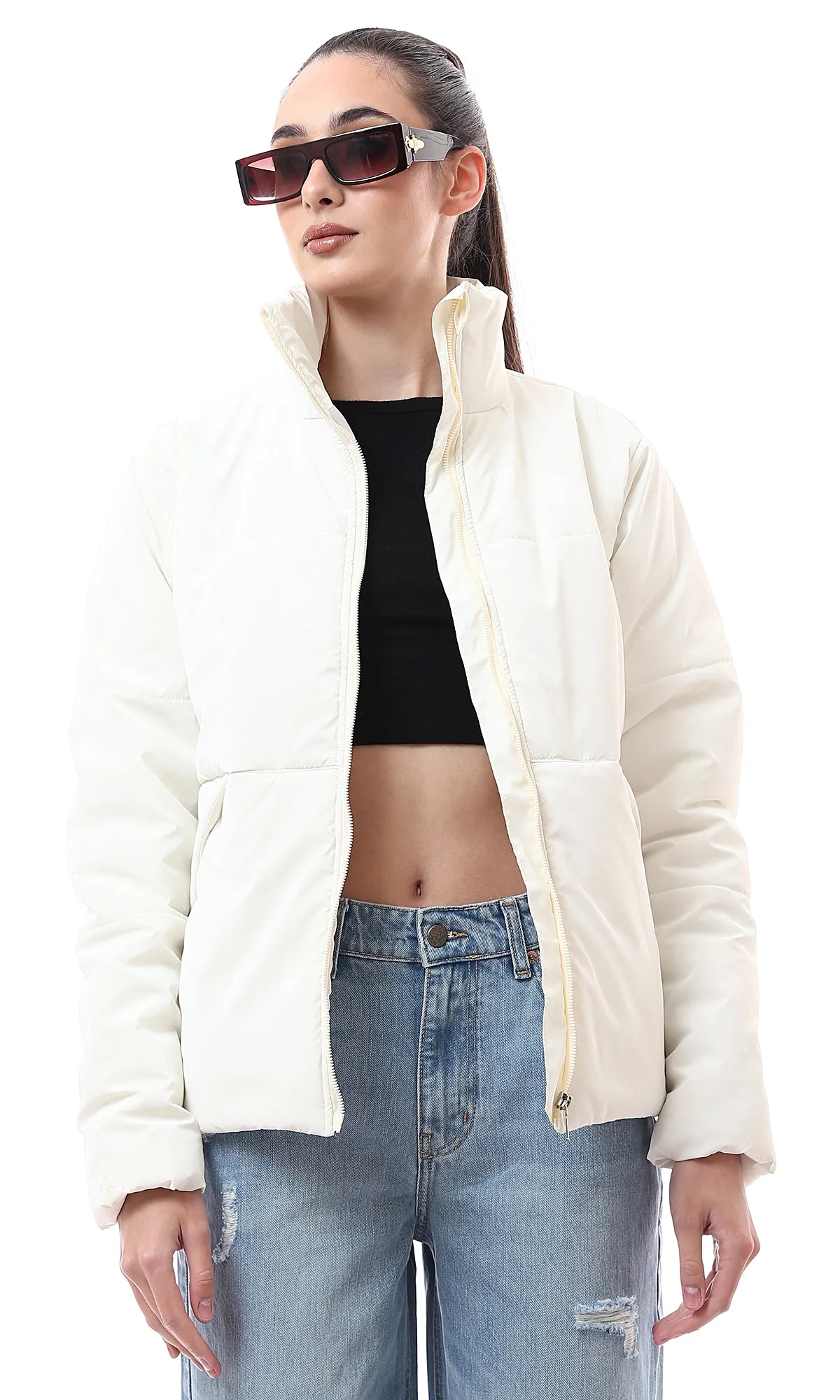 O173800 White Soft Waterproof Quilt Relaxed Bomber Jacket