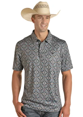 'Panhandle' Men's Aztec Print Performance Knit Polo - Blue