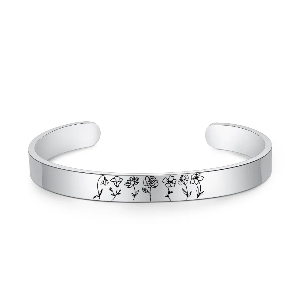 Personalized Engraved 7 Birth Flower Cuff Bracelet