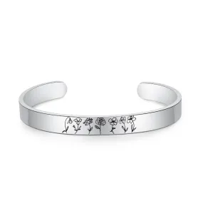 Personalized Engraved 7 Birth Flower Cuff Bracelet