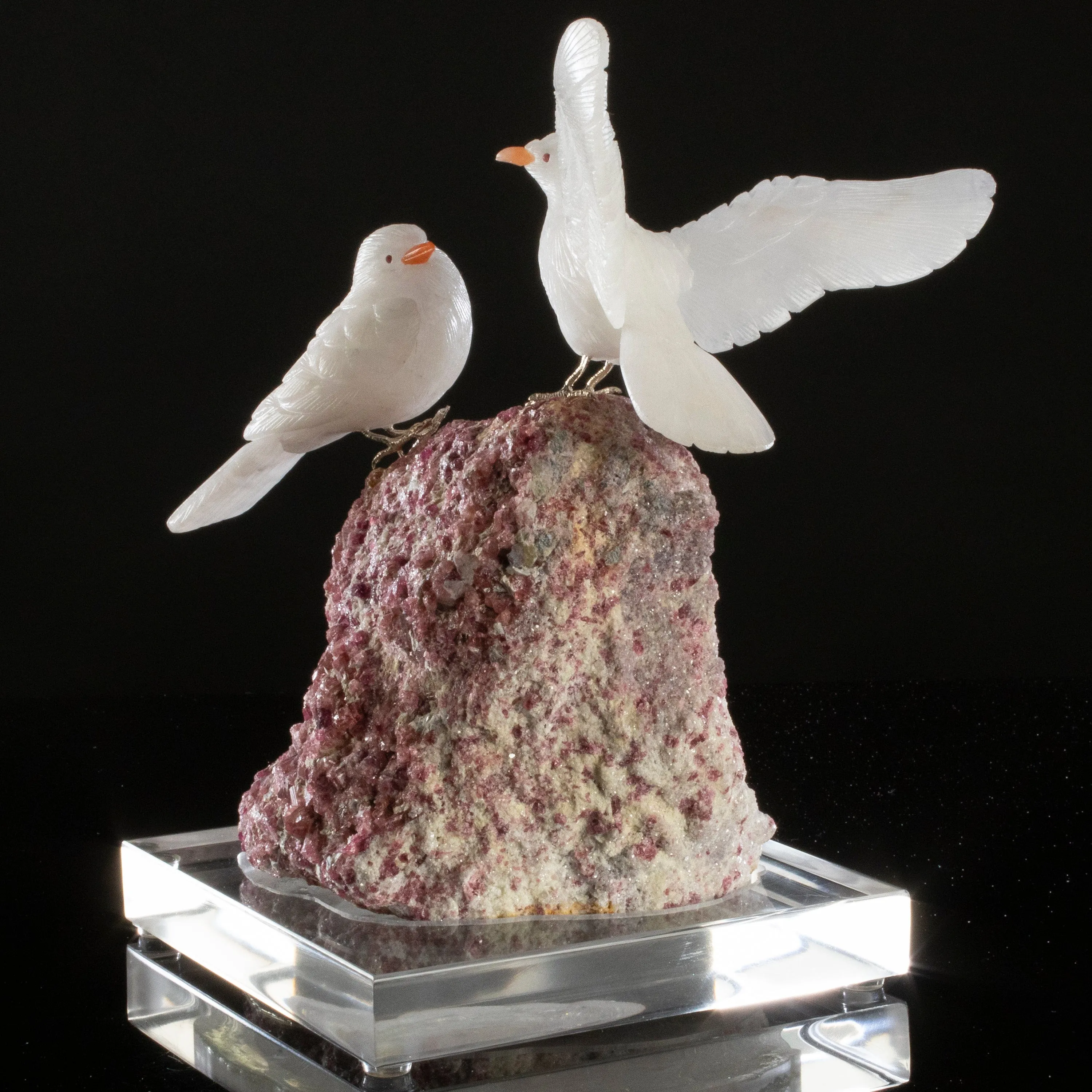 Peter Muller Quartz Pigeon Love Bird Carving on Pink Tourmaline Base