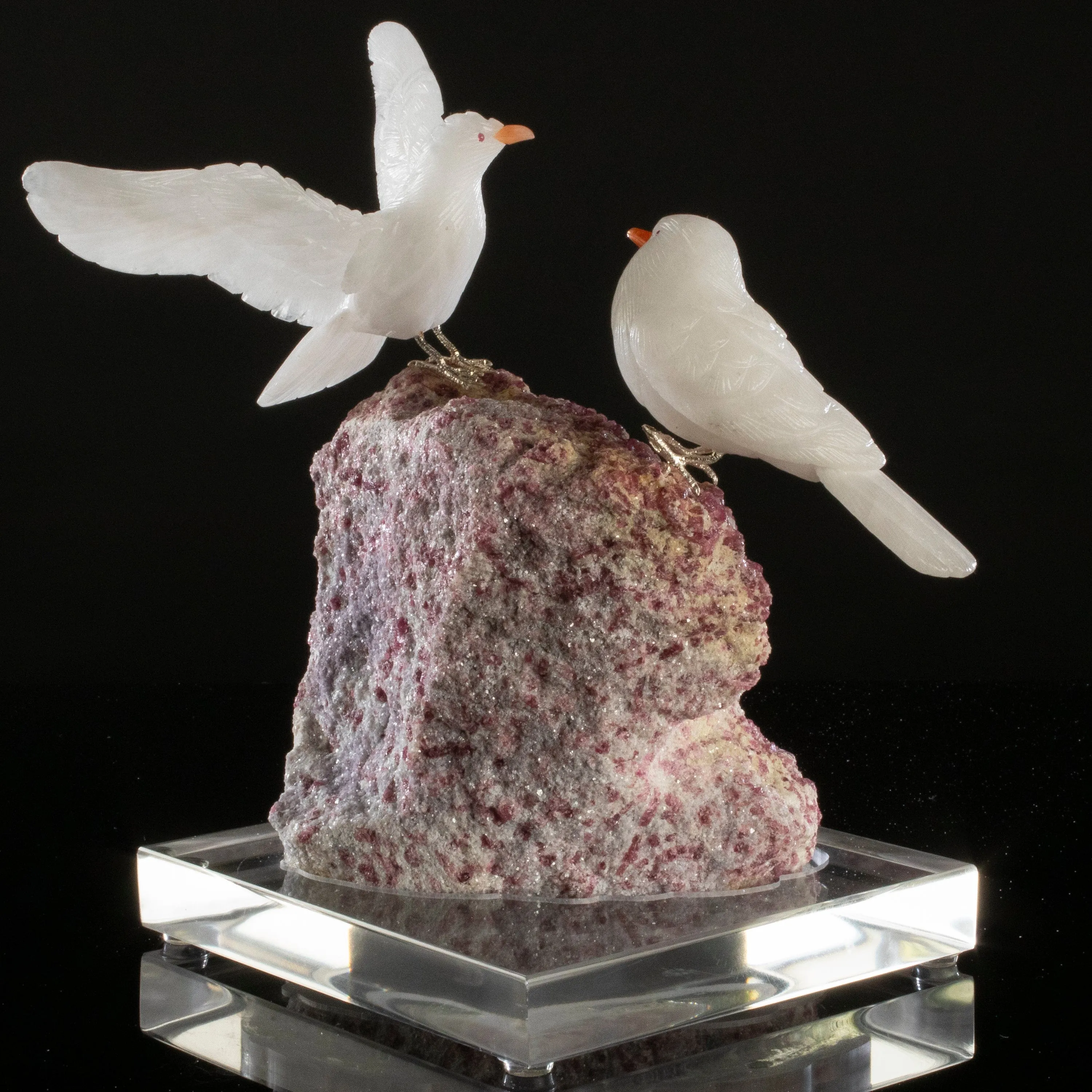 Peter Muller Quartz Pigeon Love Bird Carving on Pink Tourmaline Base