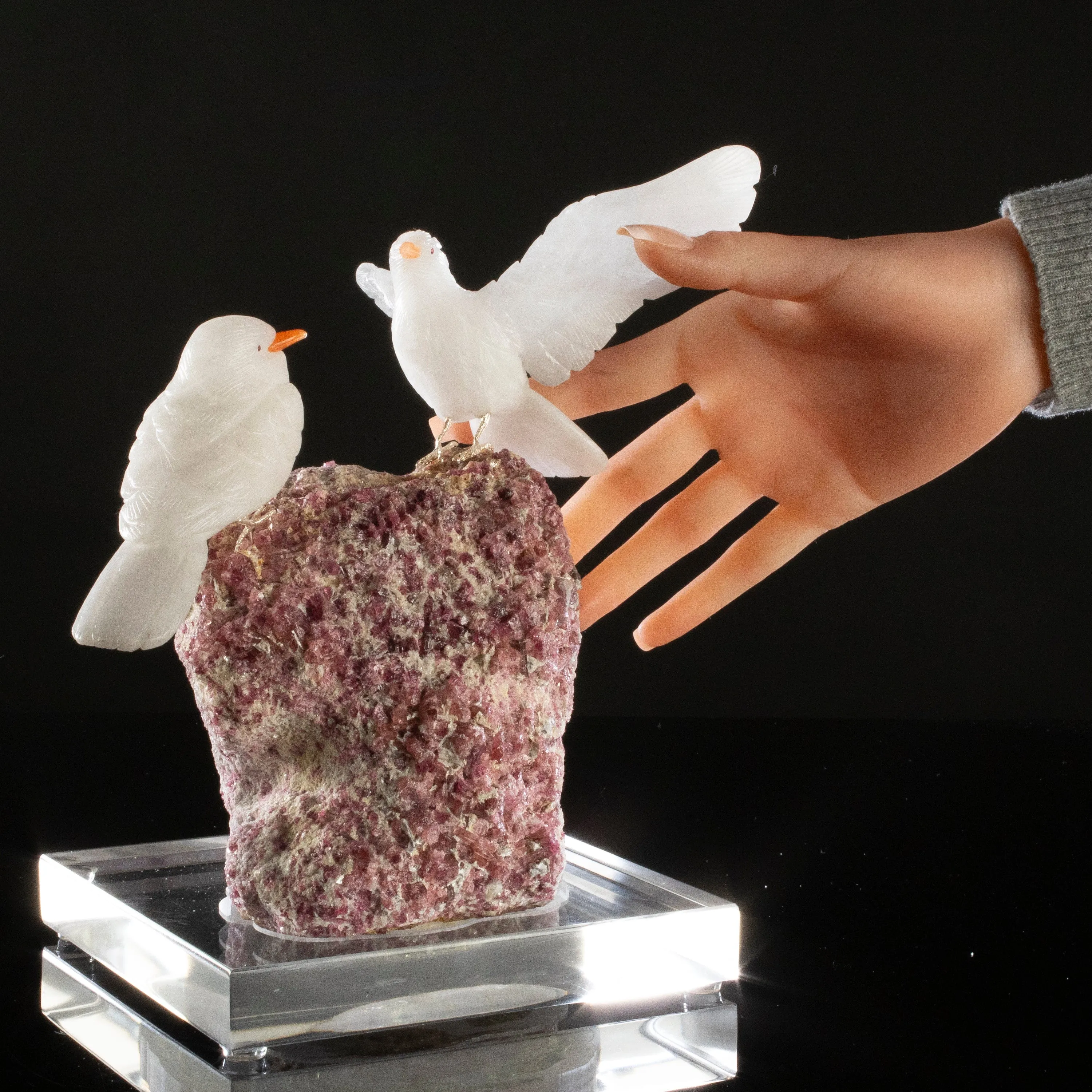 Peter Muller Quartz Pigeon Love Bird Carving on Pink Tourmaline Base