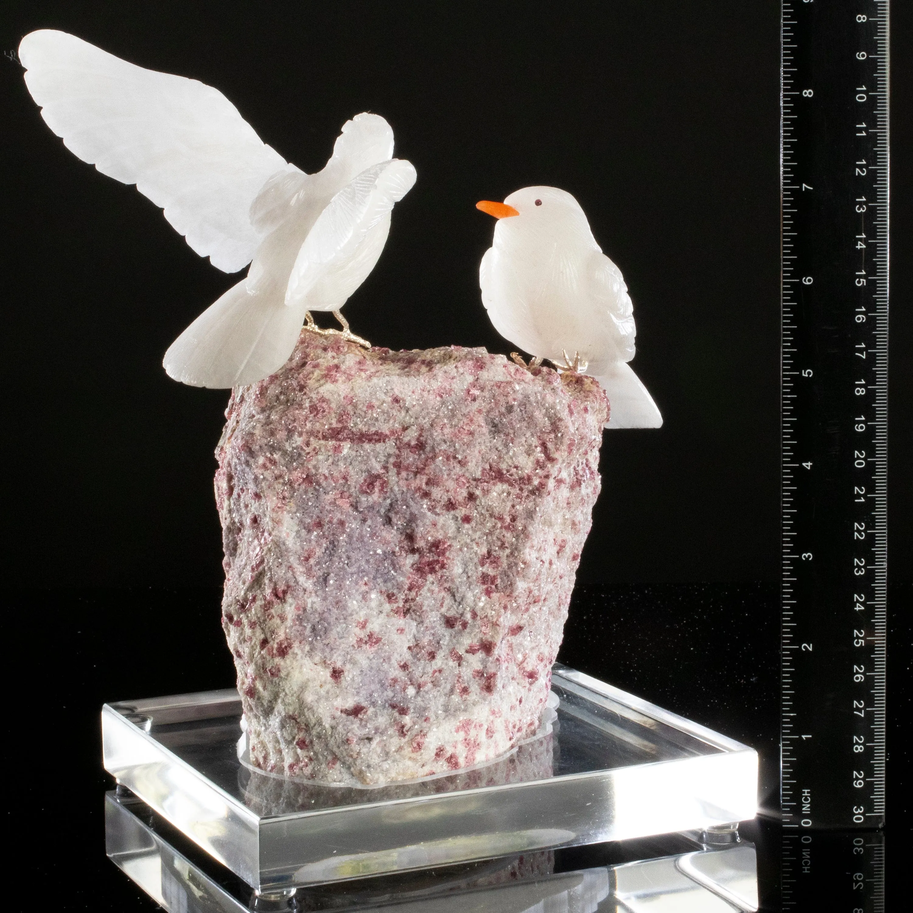 Peter Muller Quartz Pigeon Love Bird Carving on Pink Tourmaline Base