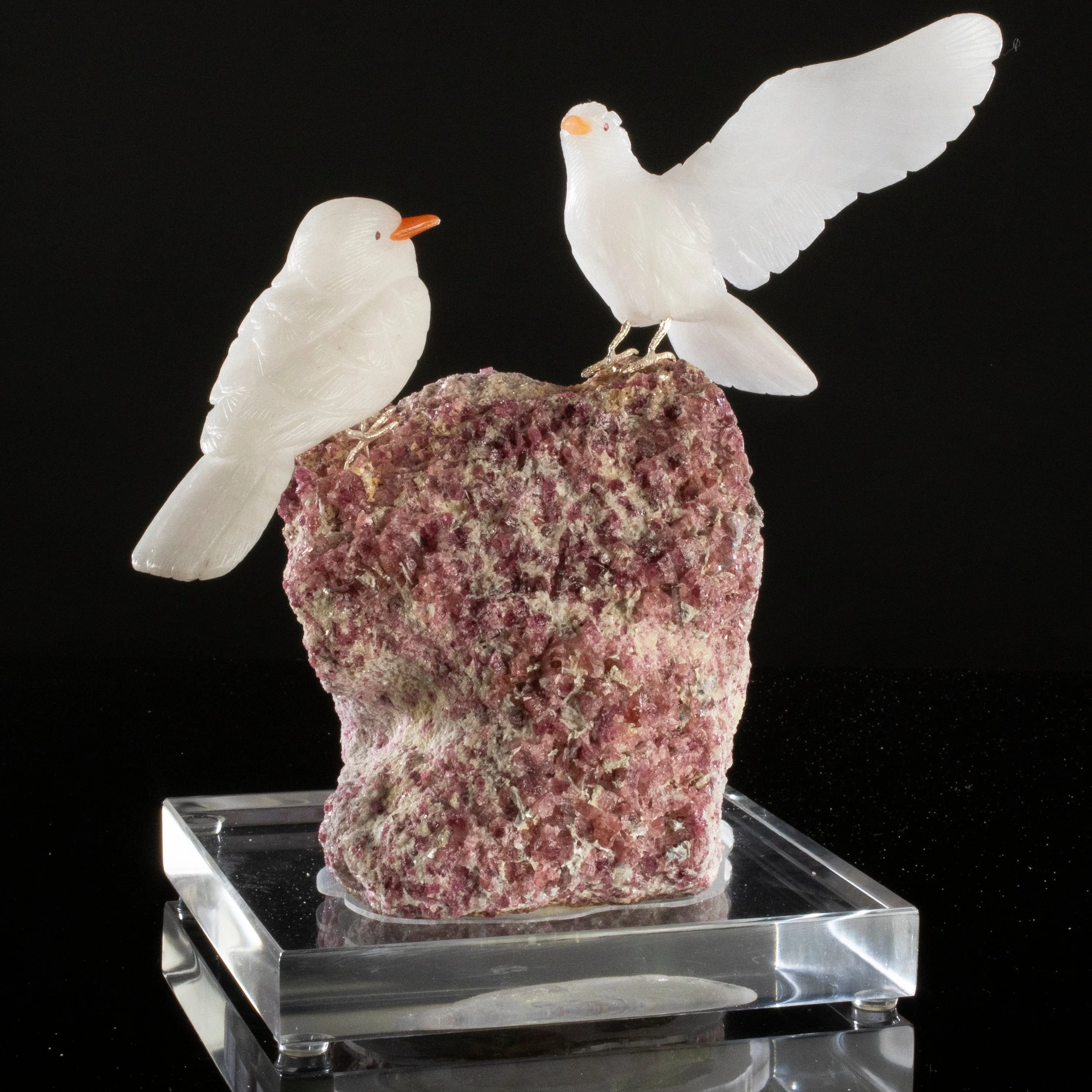 Peter Muller Quartz Pigeon Love Bird Carving on Pink Tourmaline Base