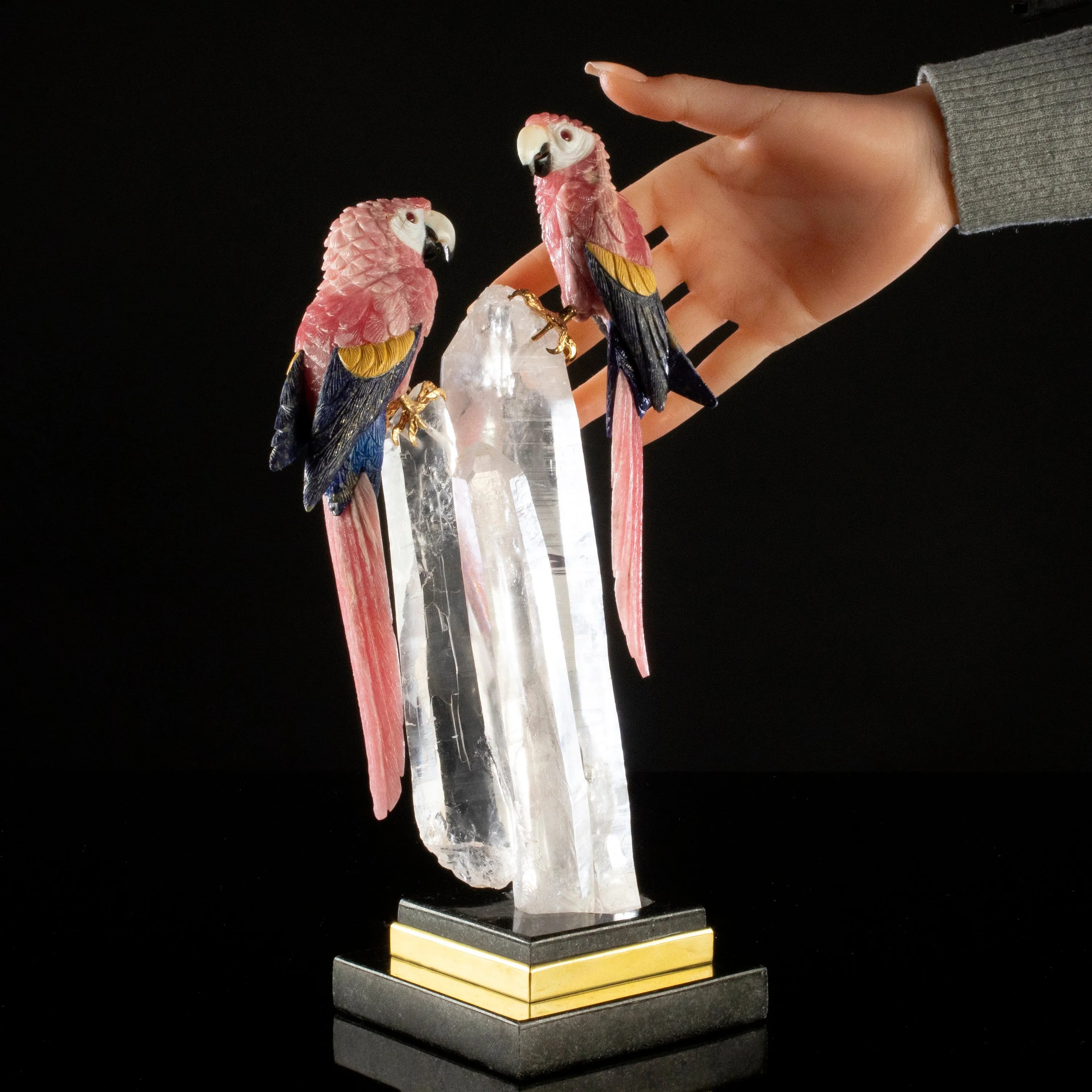 Peter Muller Rhodochrosite & Lapis & Mokaite Macaw Couple Love Birds Carving on Clear Quartz Point Cluster Base