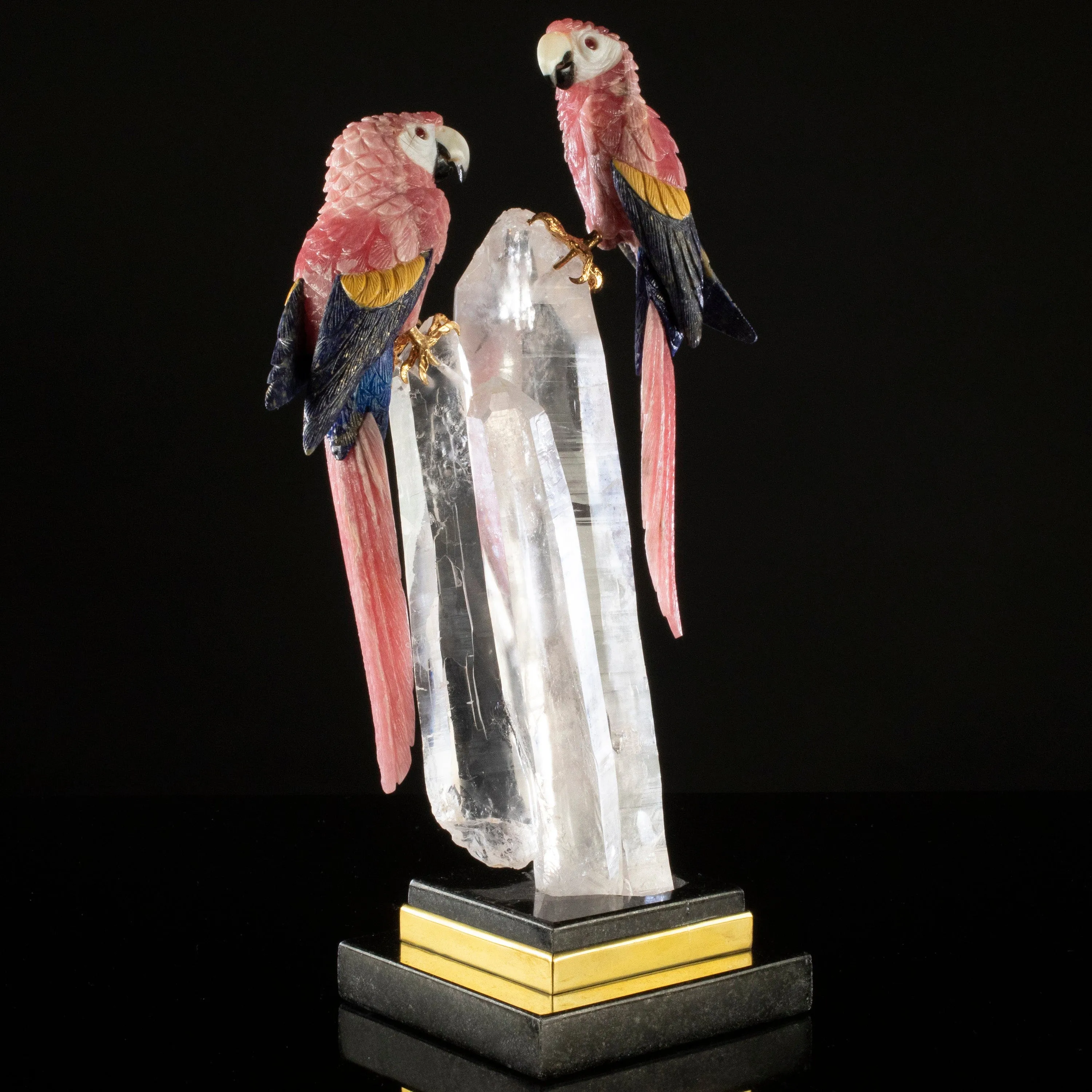 Peter Muller Rhodochrosite & Lapis & Mokaite Macaw Couple Love Birds Carving on Clear Quartz Point Cluster Base