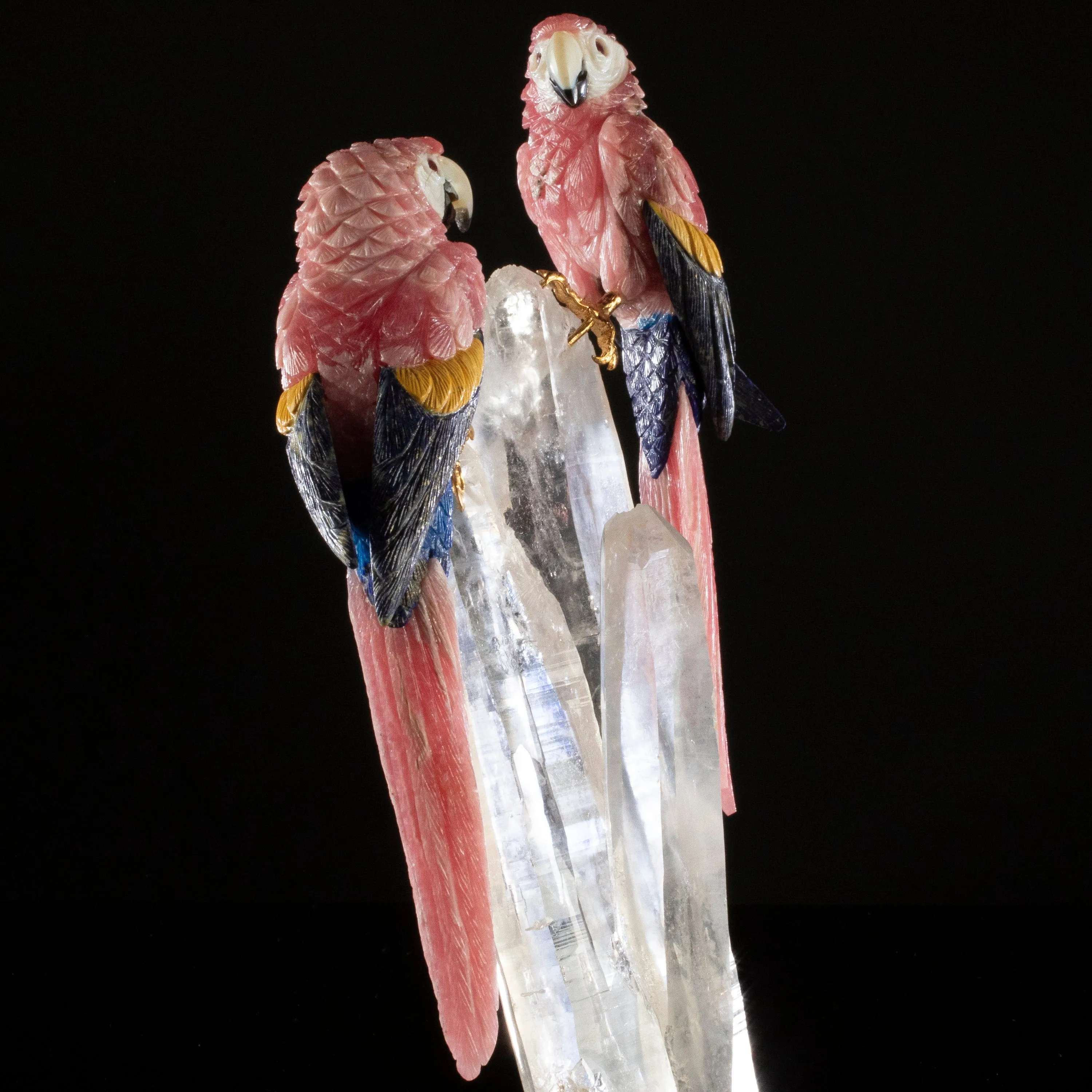 Peter Muller Rhodochrosite & Lapis & Mokaite Macaw Couple Love Birds Carving on Clear Quartz Point Cluster Base