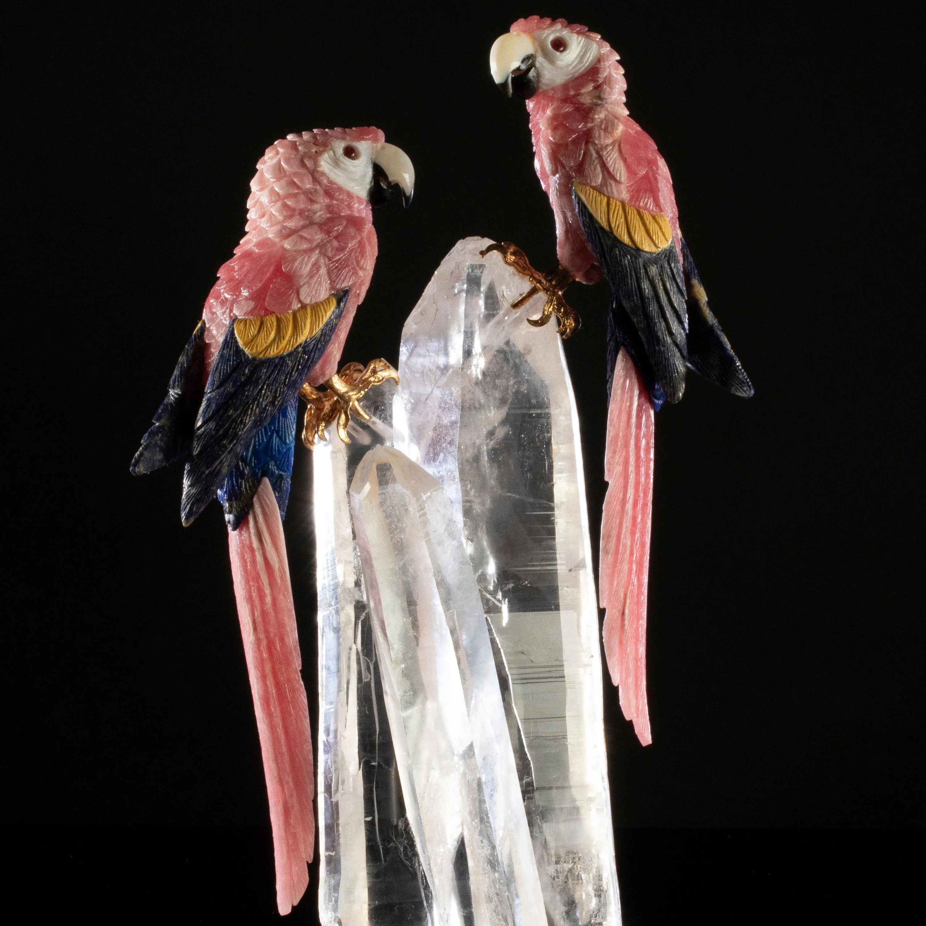 Peter Muller Rhodochrosite & Lapis & Mokaite Macaw Couple Love Birds Carving on Clear Quartz Point Cluster Base