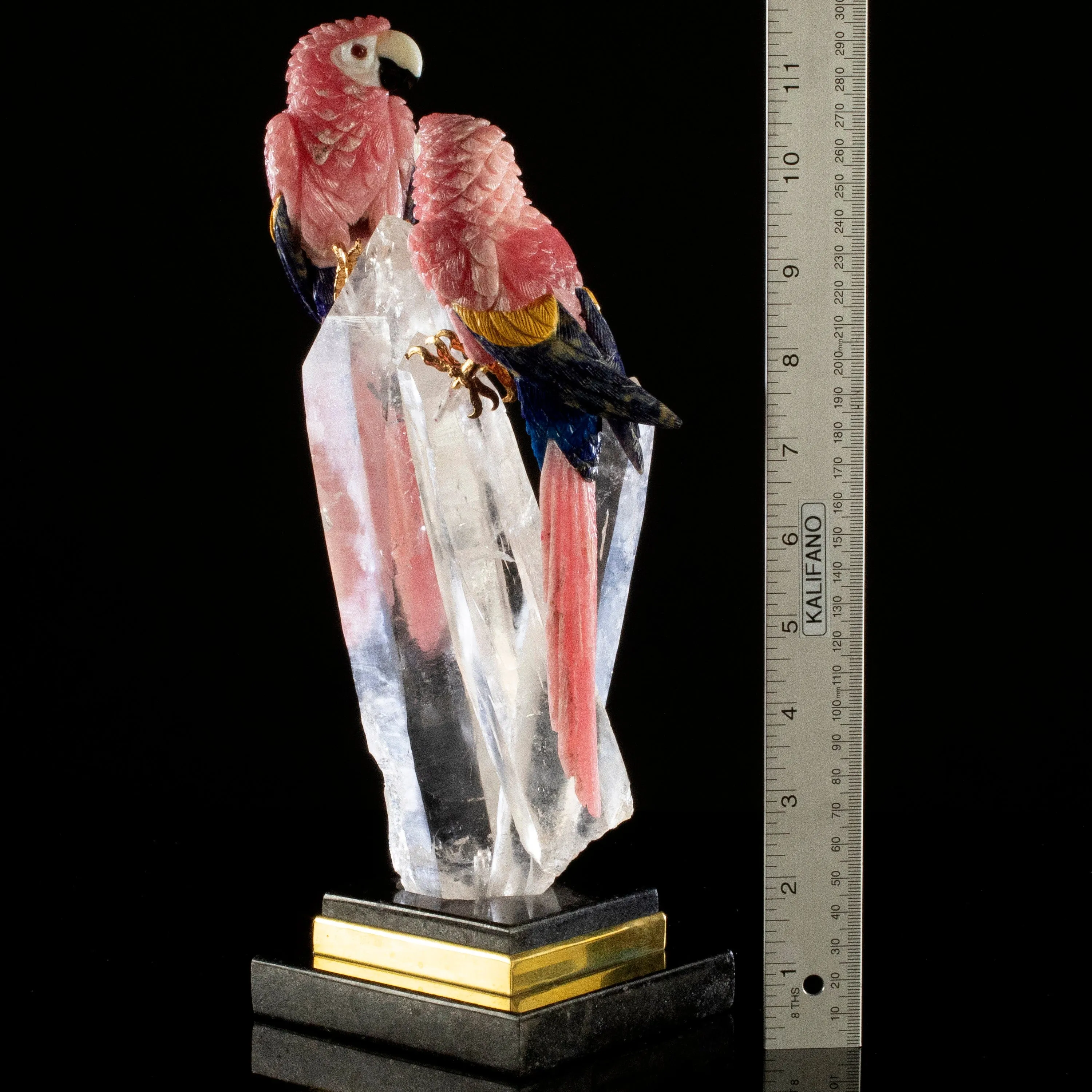 Peter Muller Rhodochrosite & Lapis & Mokaite Macaw Couple Love Birds Carving on Clear Quartz Point Cluster Base