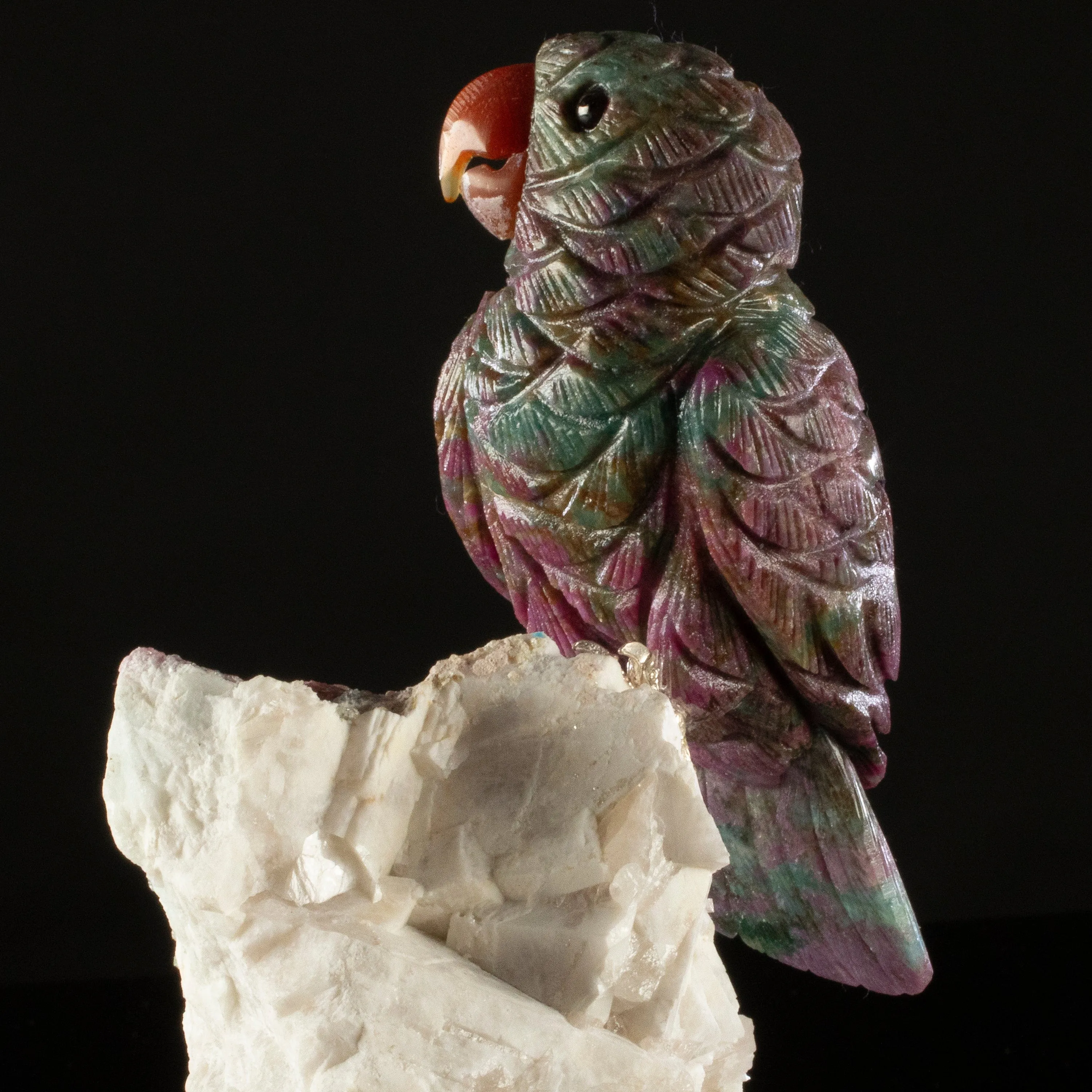 Peter Muller Rubizoisite Parrot Love Bird Carving on Watermelon Tourmaline Base