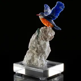 Peter Muller Sodalite Kingfisher Love Birds Carving on Green Tourmaline Base