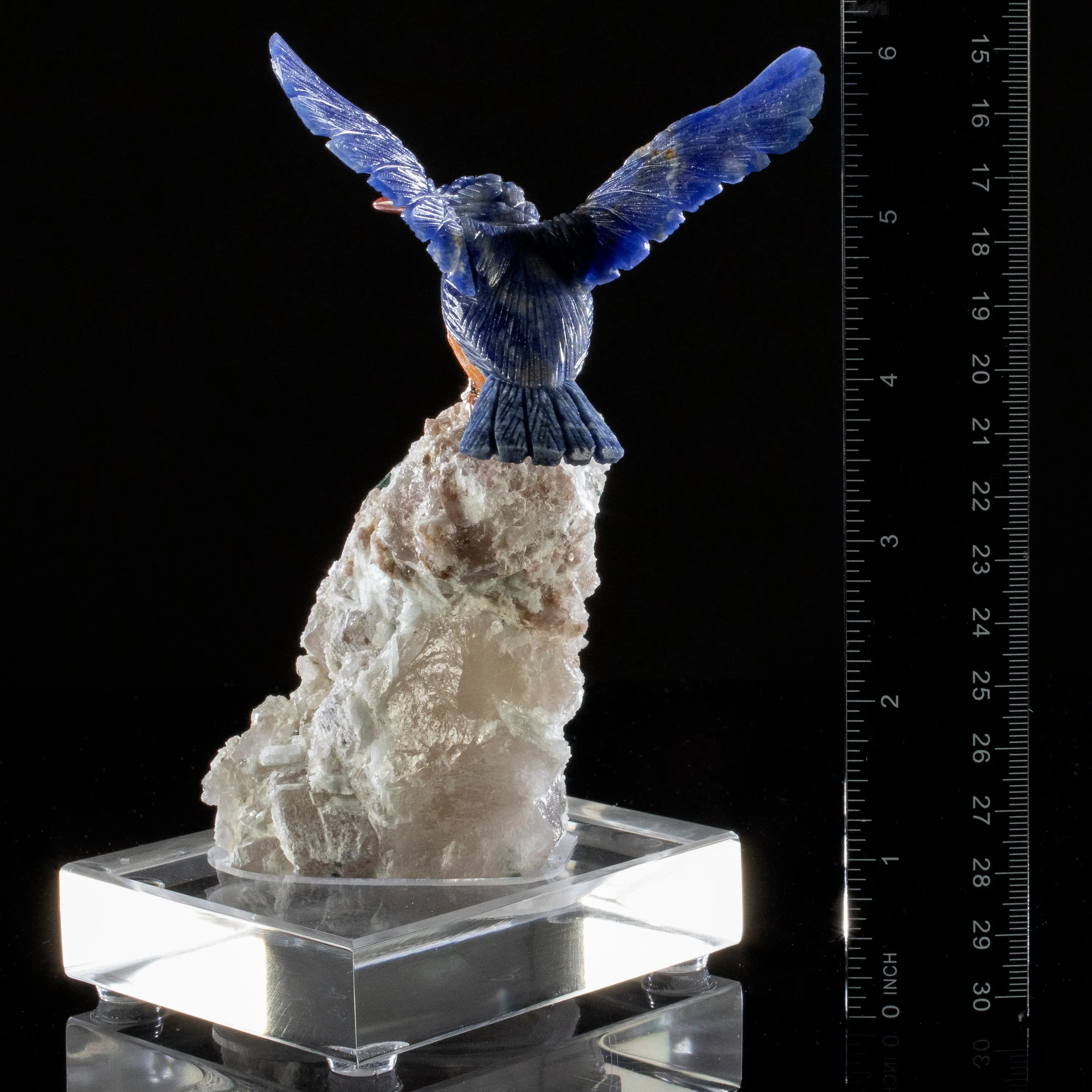 Peter Muller Sodalite Kingfisher Love Birds Carving on Green Tourmaline Base