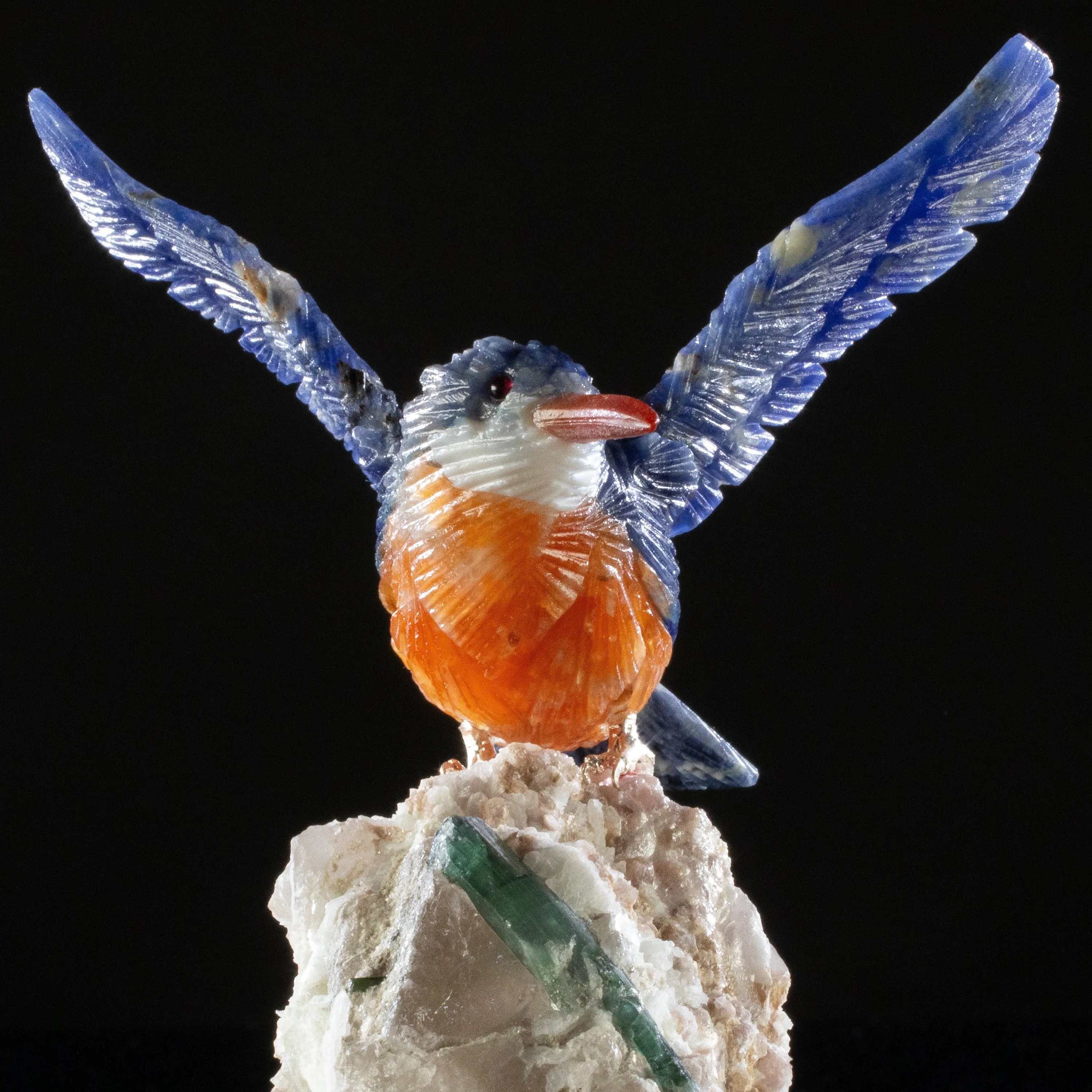 Peter Muller Sodalite Kingfisher Love Birds Carving on Green Tourmaline Base