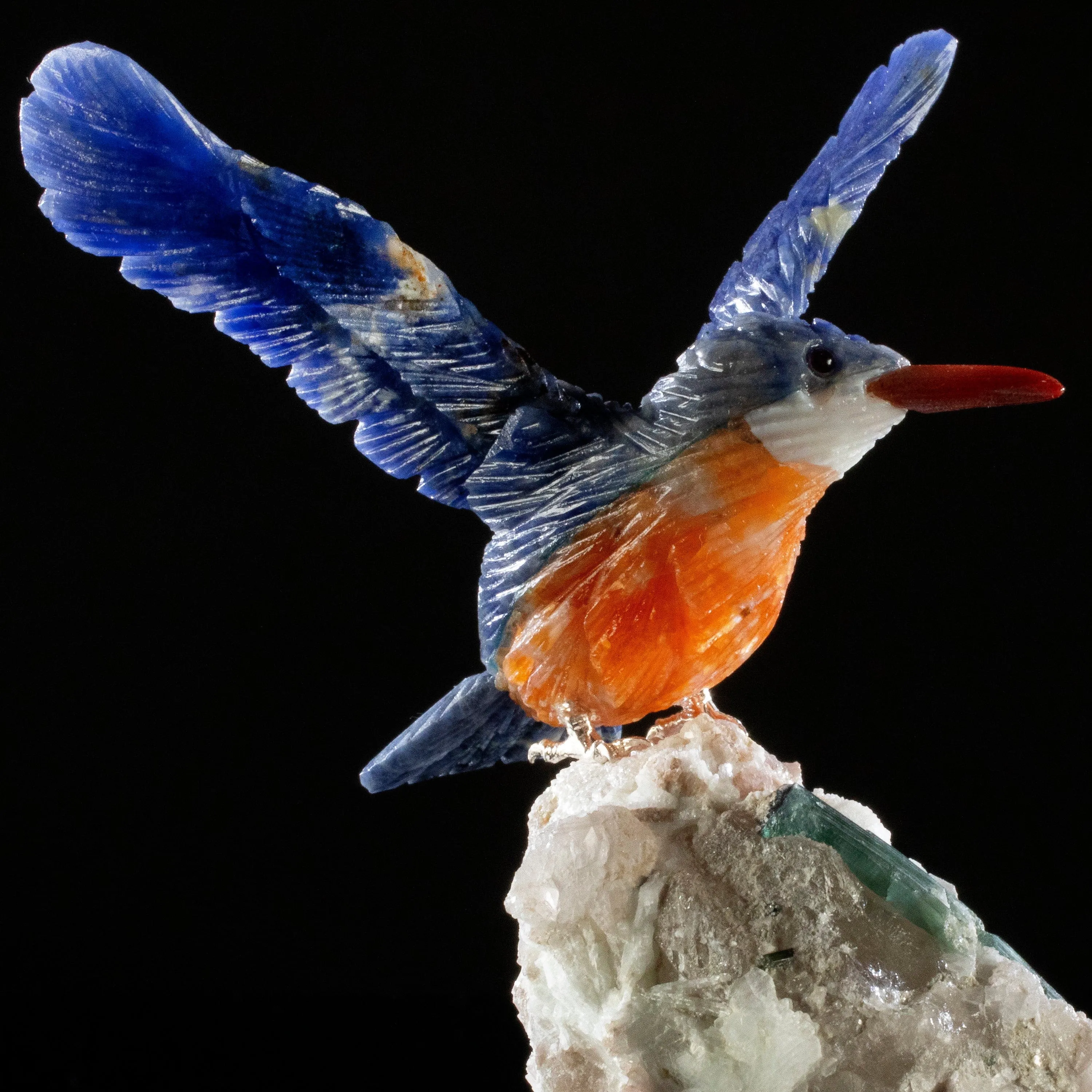 Peter Muller Sodalite Kingfisher Love Birds Carving on Green Tourmaline Base