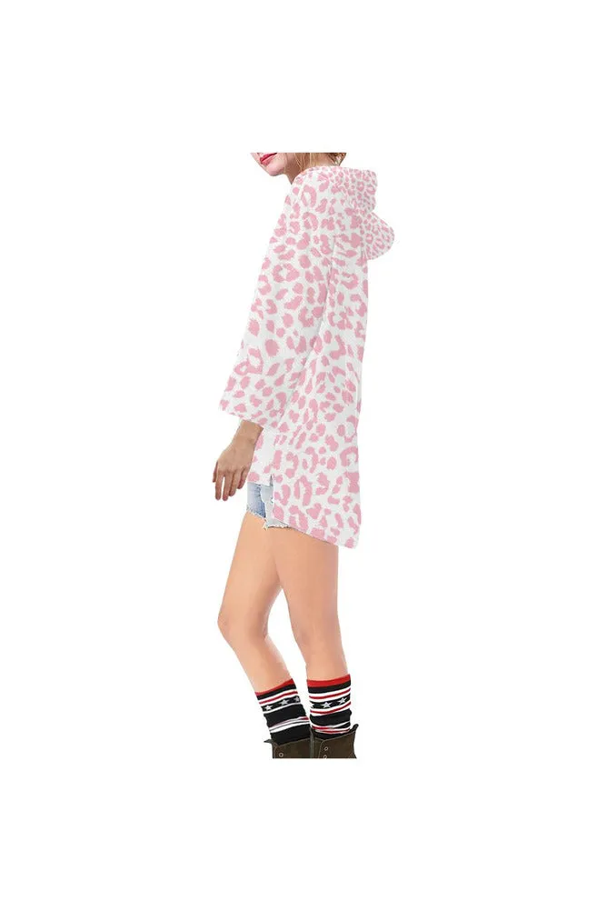 Pink Leopard Step Hem Tunic Hoodie for Women (Model H25)