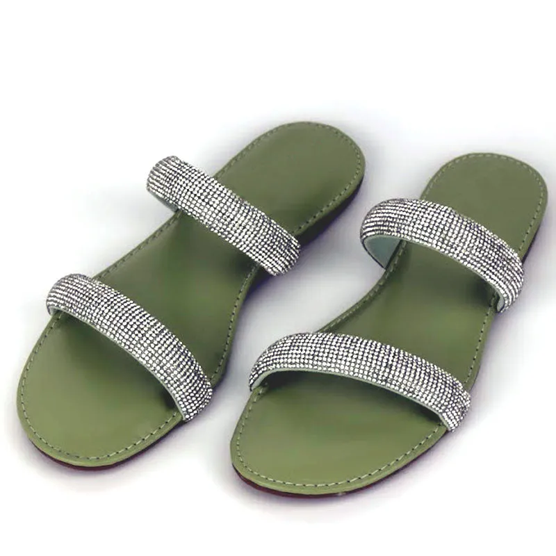 Rhinestone Flat Sandals Round Toe Dual Strap Slip On Slippers