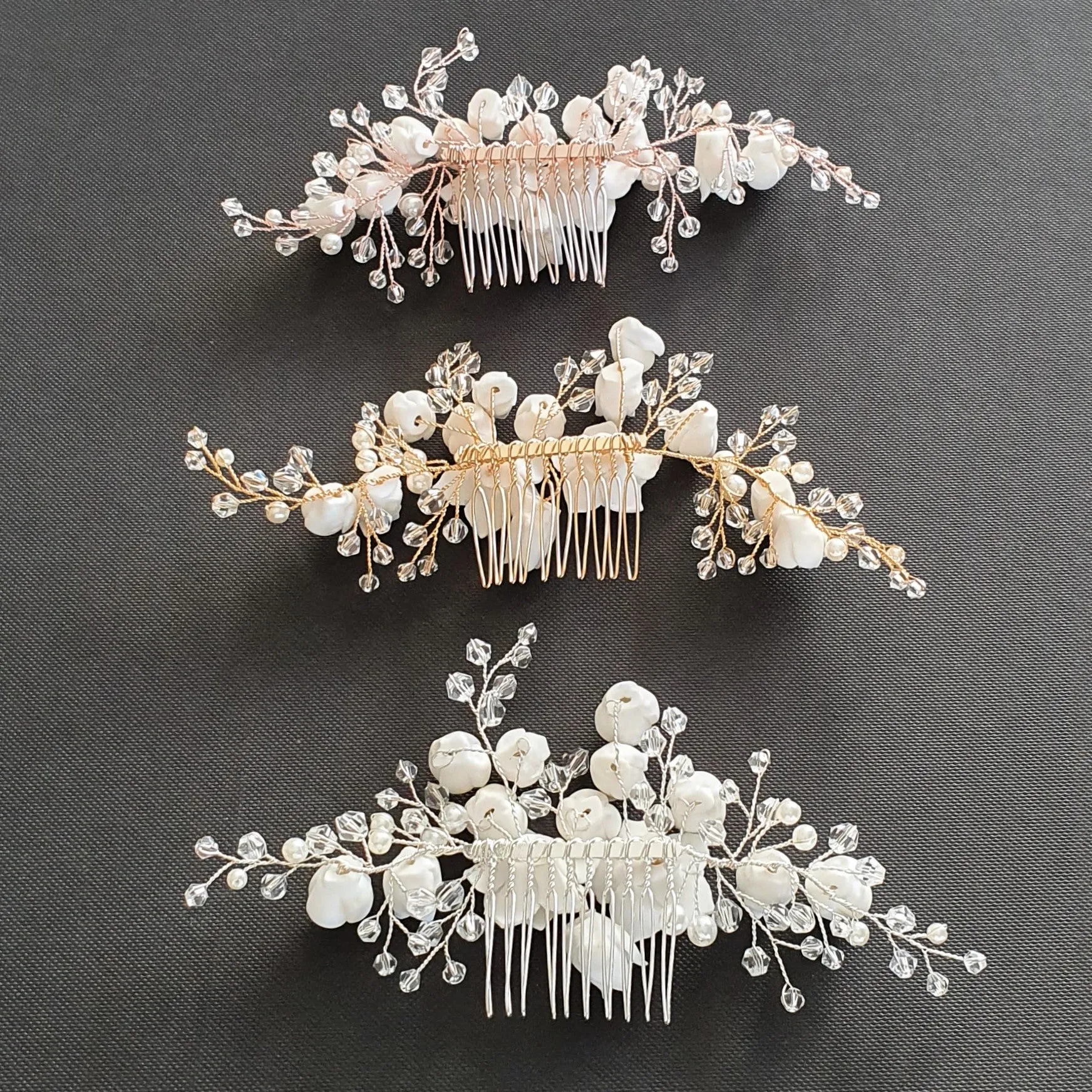 Rose Gold Hair Piece with White Ceramic Flowers-Tulip