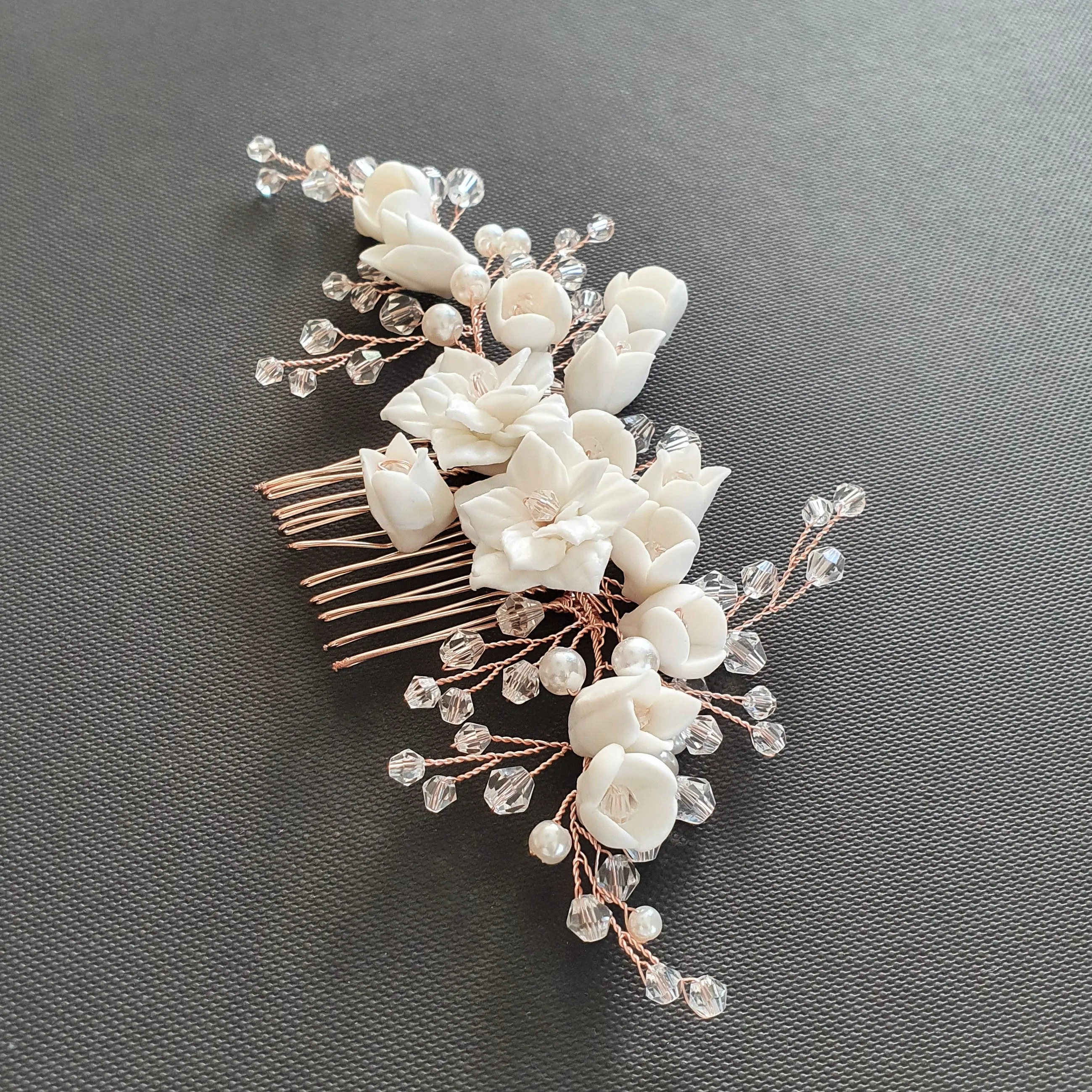 Rose Gold Hair Piece with White Ceramic Flowers-Tulip