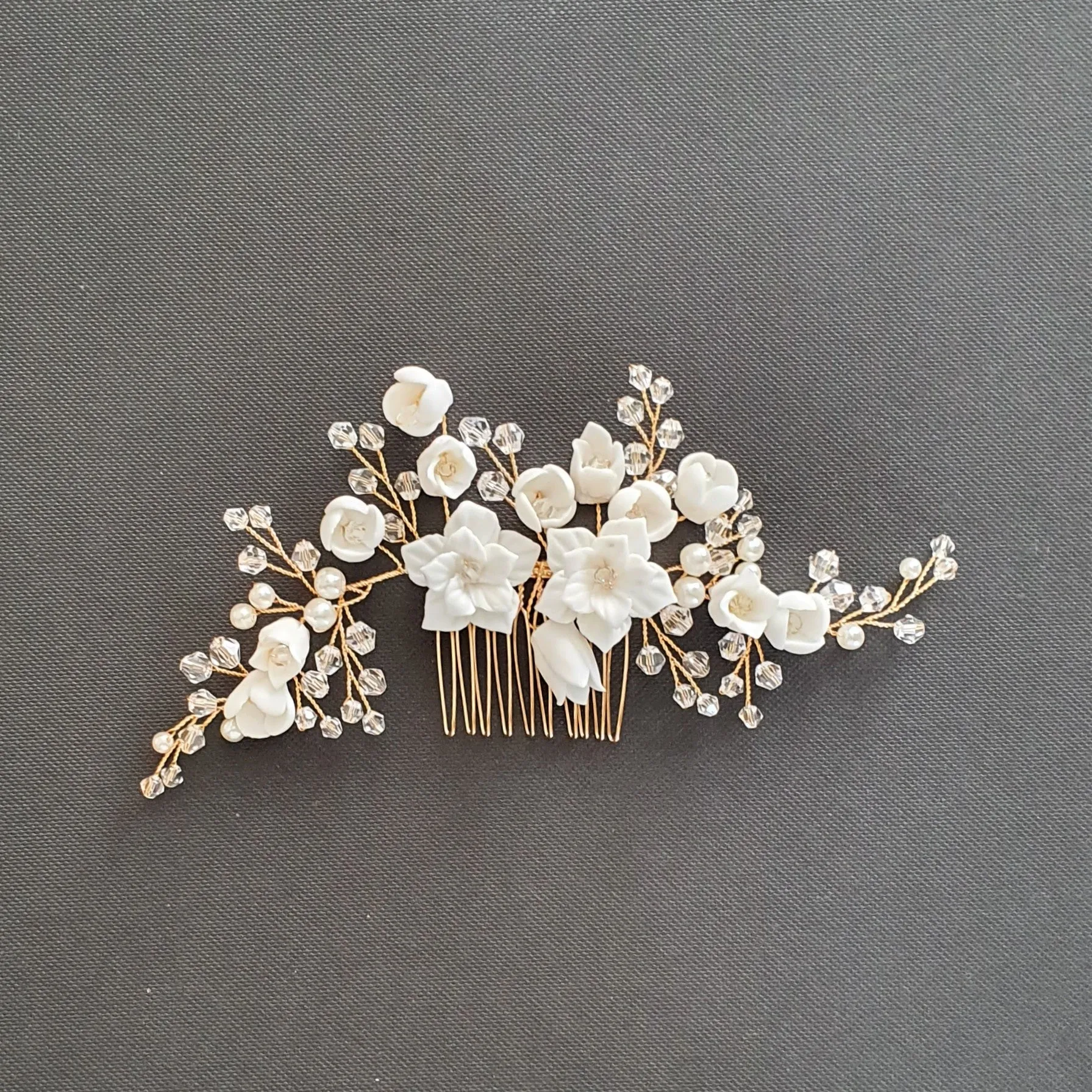 Rose Gold Hair Piece with White Ceramic Flowers-Tulip