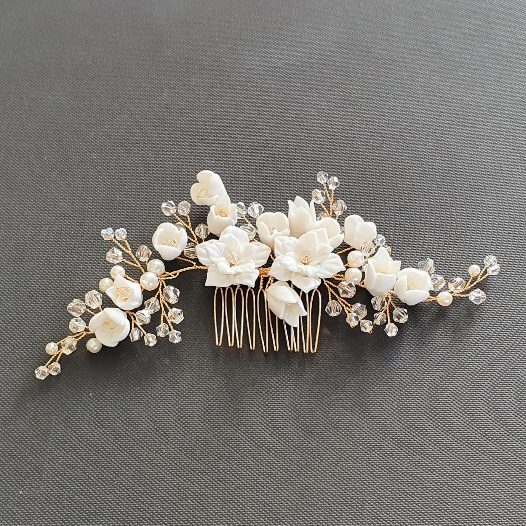 Rose Gold Hair Piece with White Ceramic Flowers-Tulip