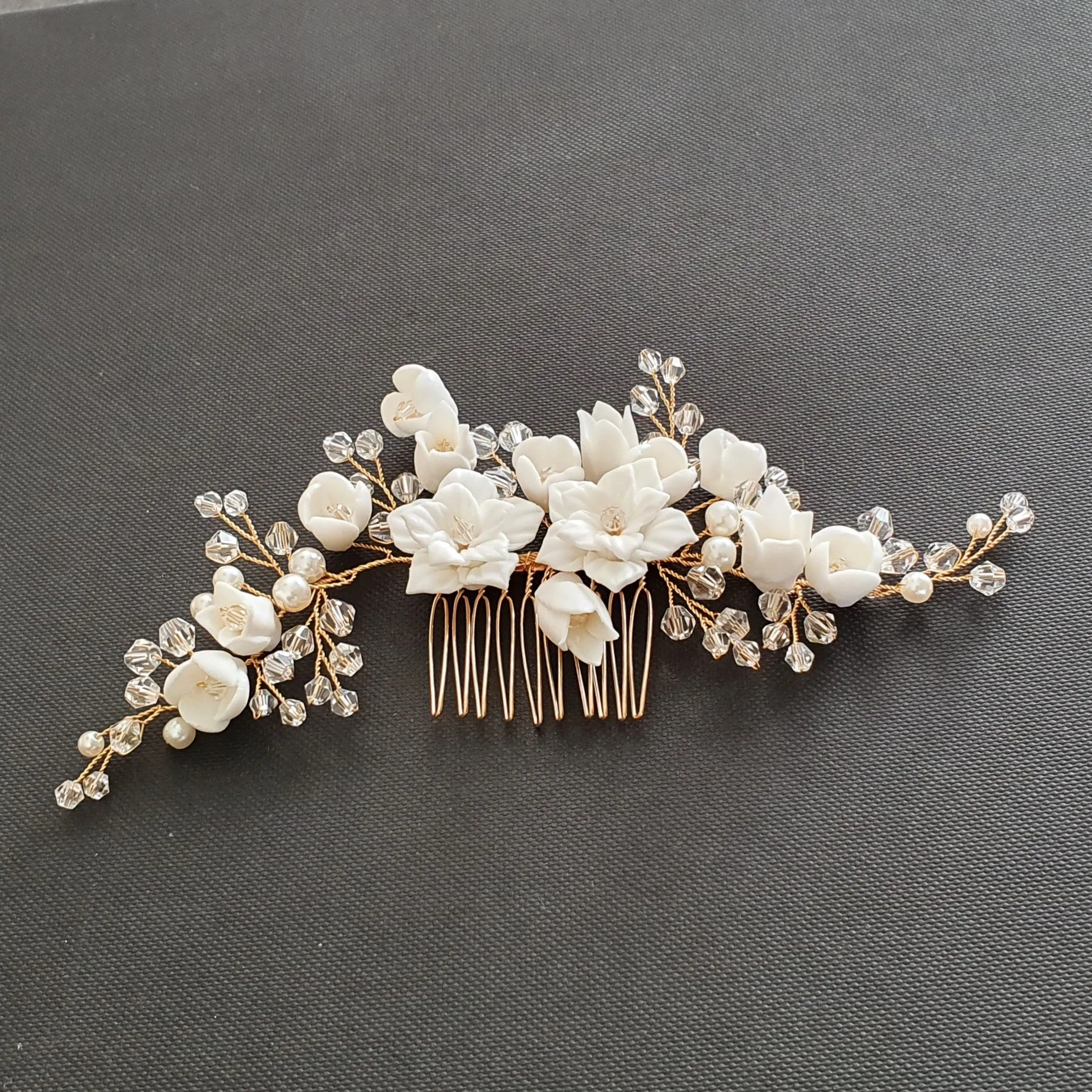 Rose Gold Hair Piece with White Ceramic Flowers-Tulip