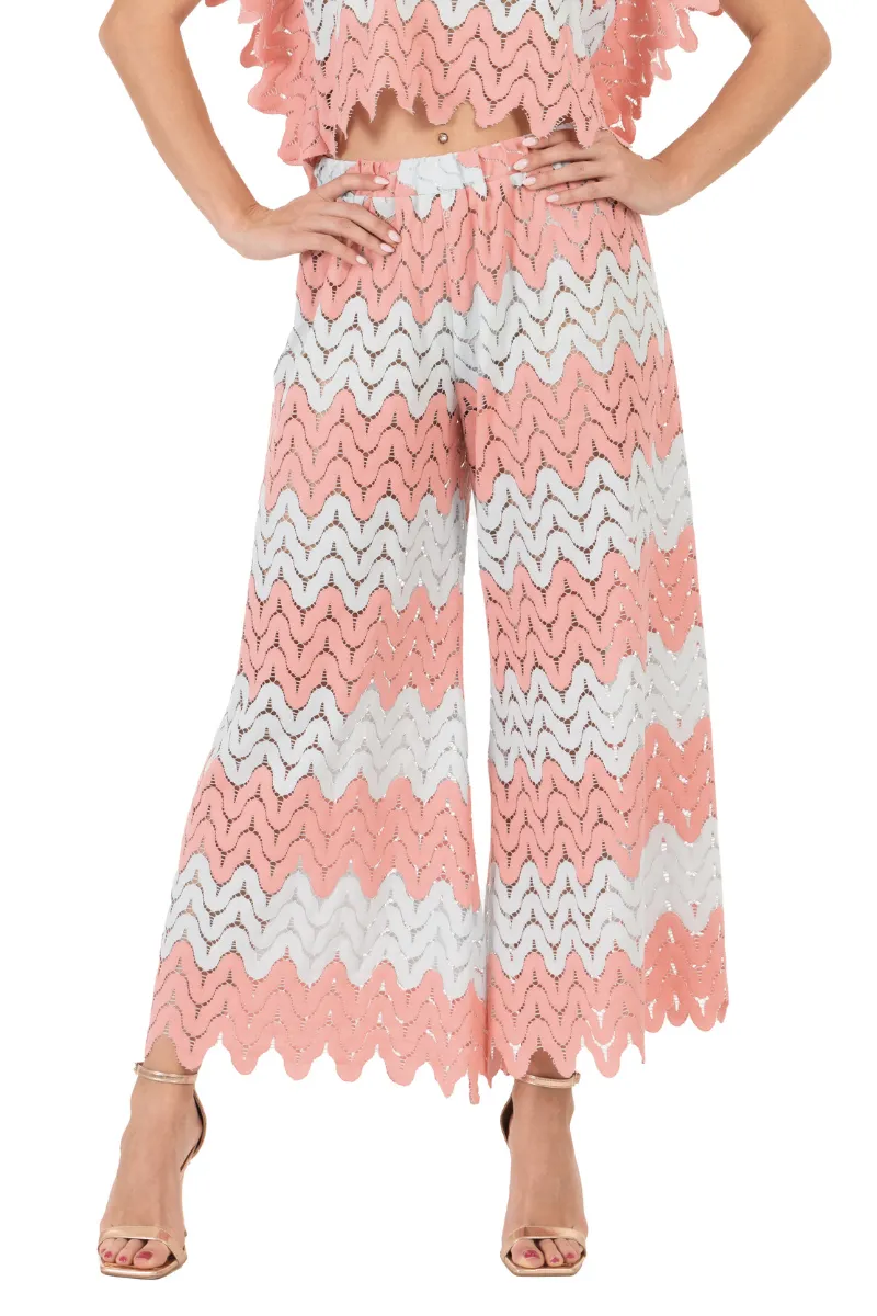 Salmon and Mint Zig Zag Lace Wide-Leg Tango Pants