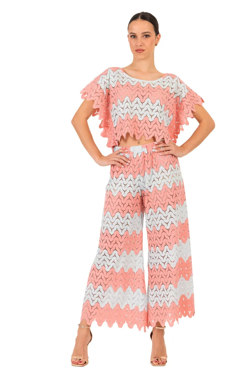 Salmon and Mint Zig Zag Lace Wide-Leg Tango Pants