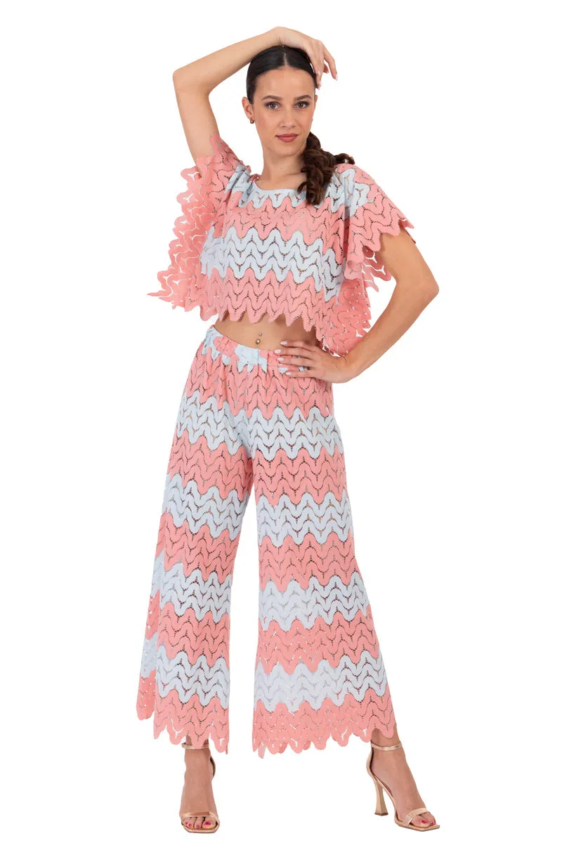 Salmon and Mint Zig Zag Lace Wide-Leg Tango Pants