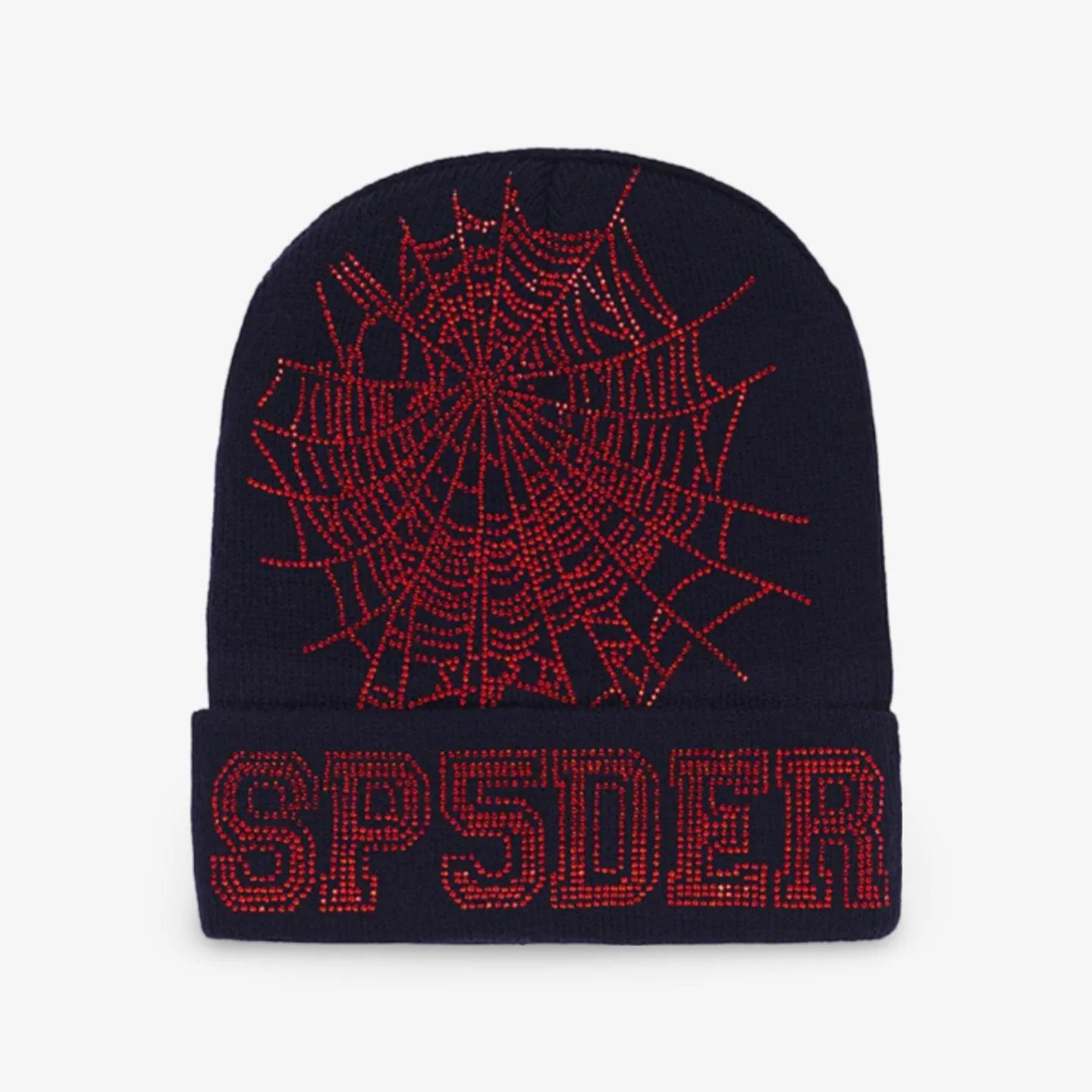 Sp5der 'Web' Rhinestone Beanie Navy / Red SS24