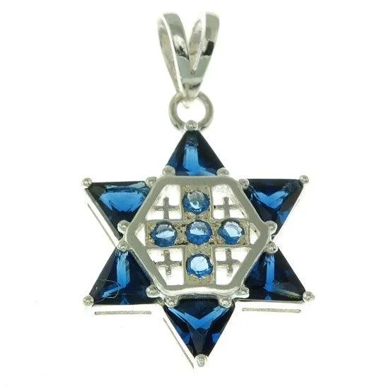 Star of David with Jerusalem cross Silver 925 Pendant With Colored Stones