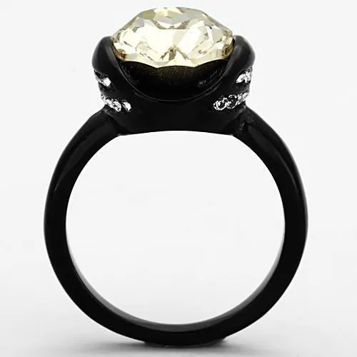 TK1298 IP Black(Ion Plating) Stainless Steel Ring with Top Grade Crystal in Light Smoked