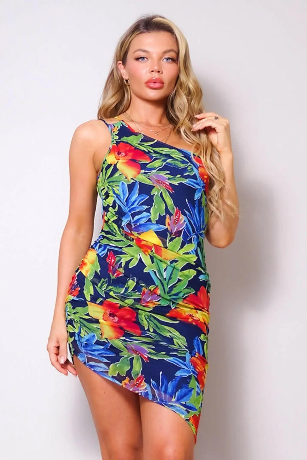 TROPICAL ISLAND ONE SHOULDER MIDI DRESS