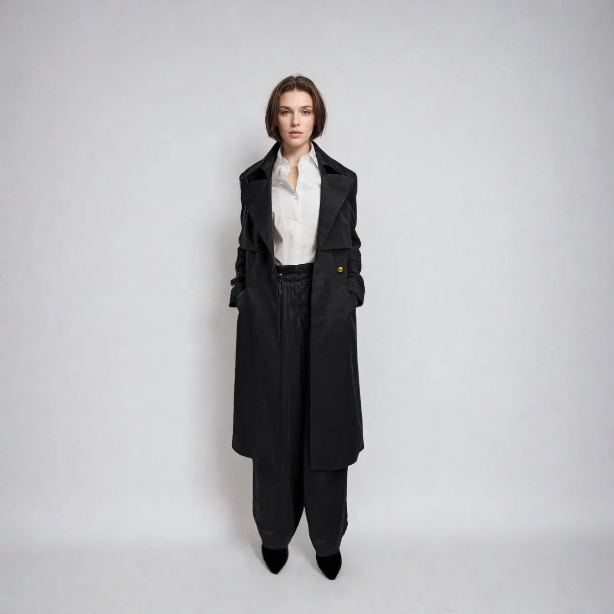 Vegan Silk Trench Coat - Linen & Cupro | Black