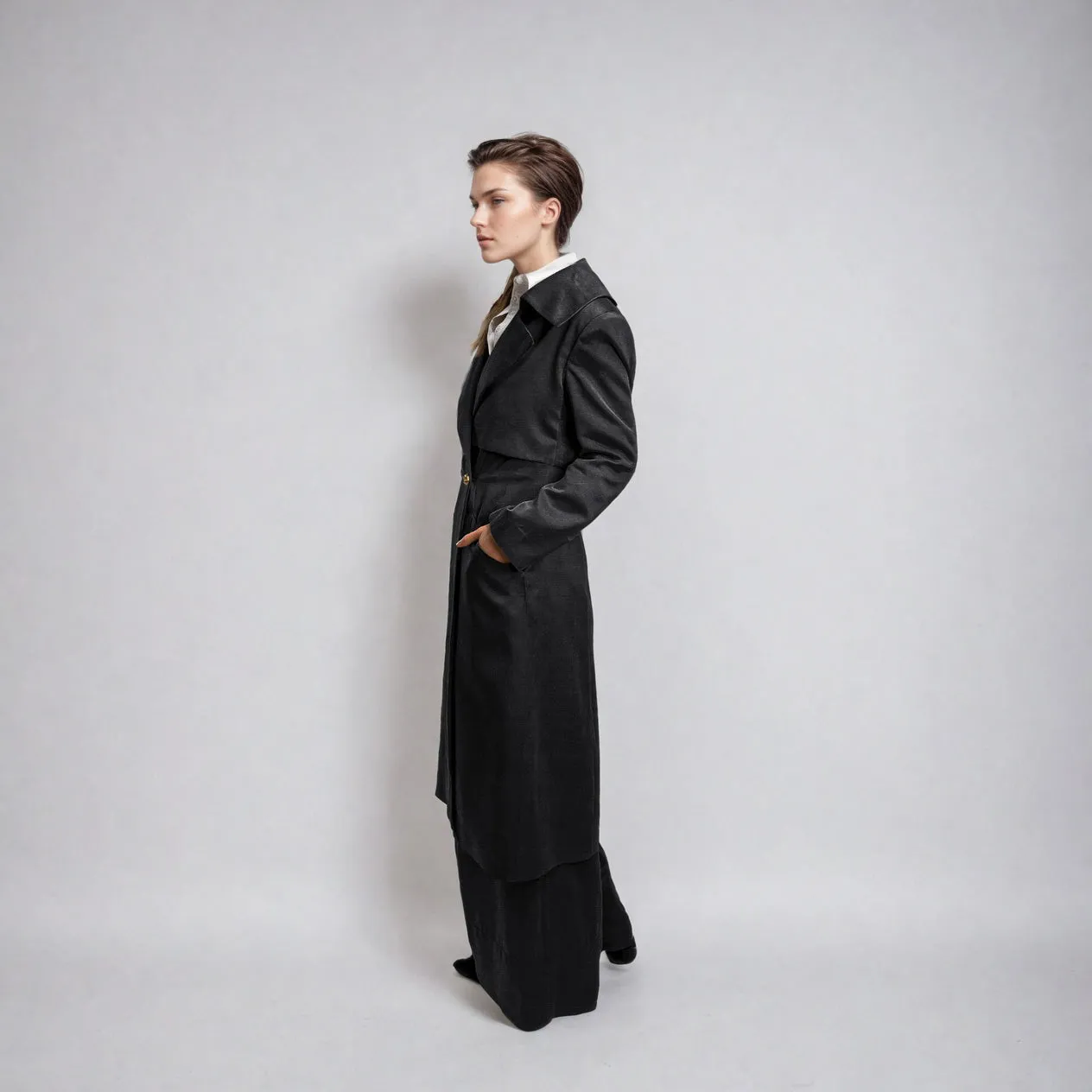 Vegan Silk Trench Coat - Linen & Cupro | Black